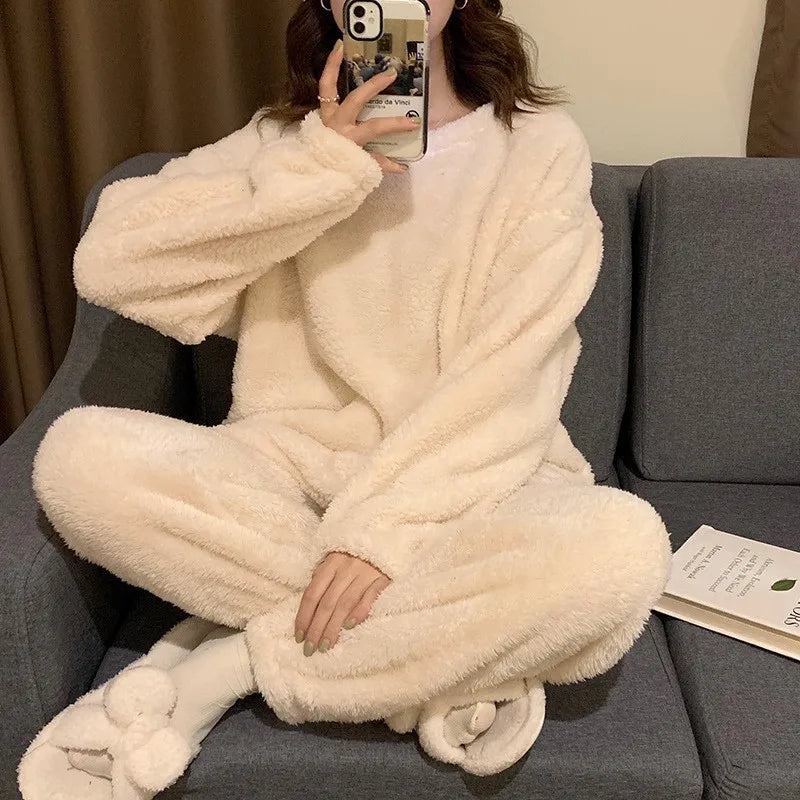 Winter 2 Piece Sets Thermal Fleece Solid Women's Pajama Sets