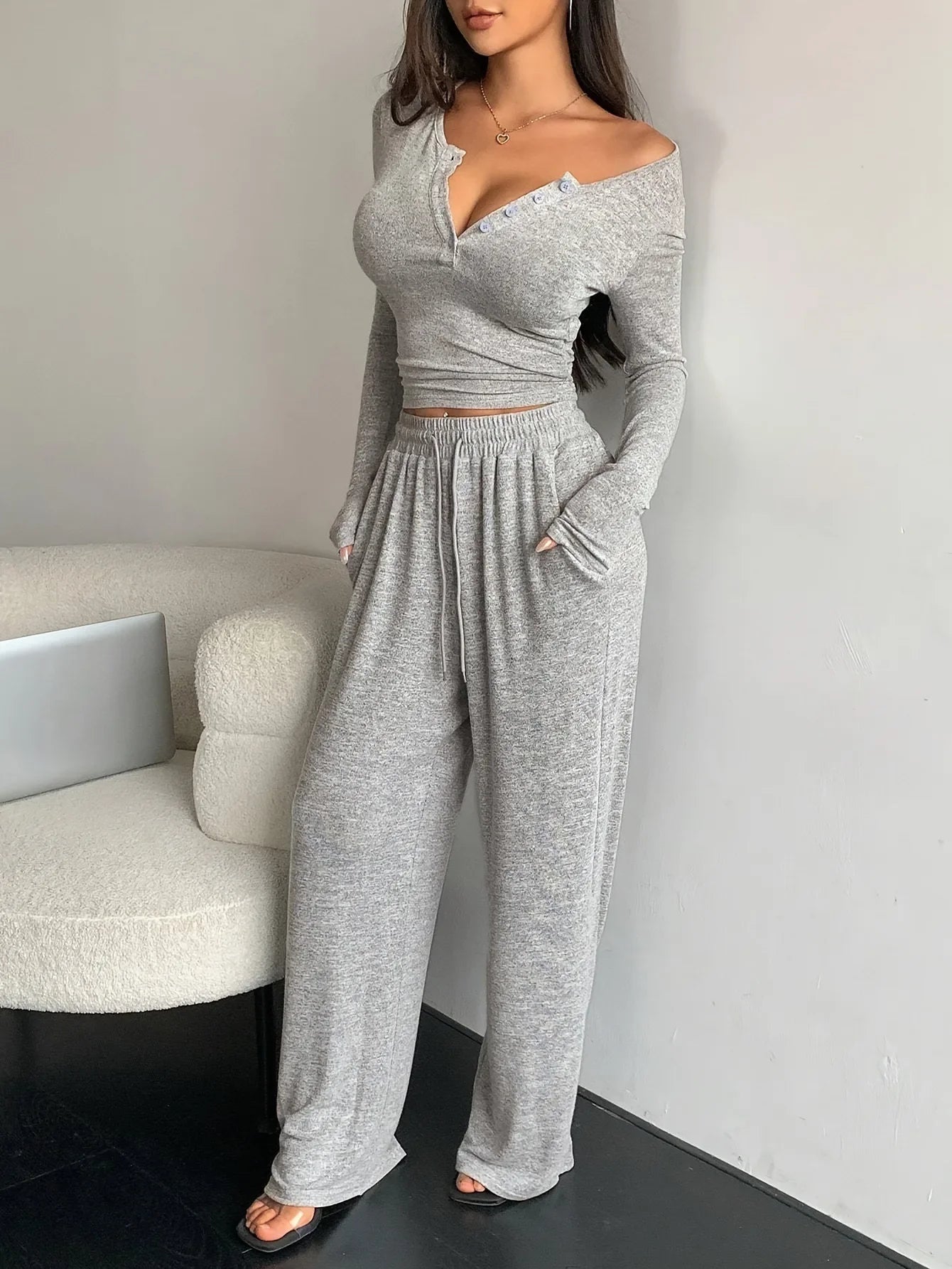 Women 2-Piece V-neck Pajama Set with Wide Leg Pants