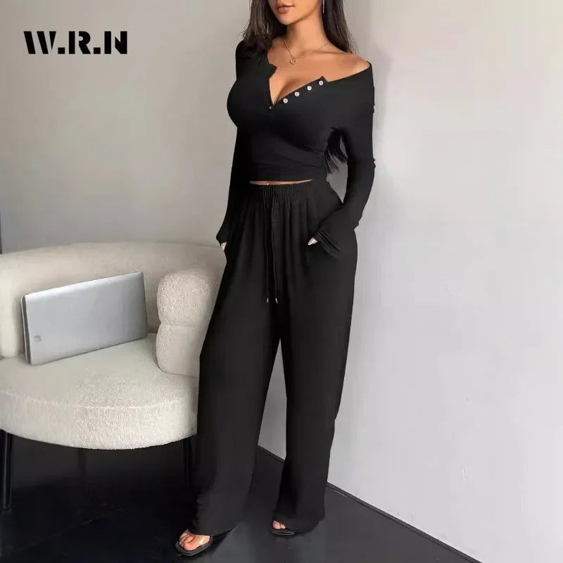 Women 2-Piece V-neck Pajama Set with Wide Leg Pants