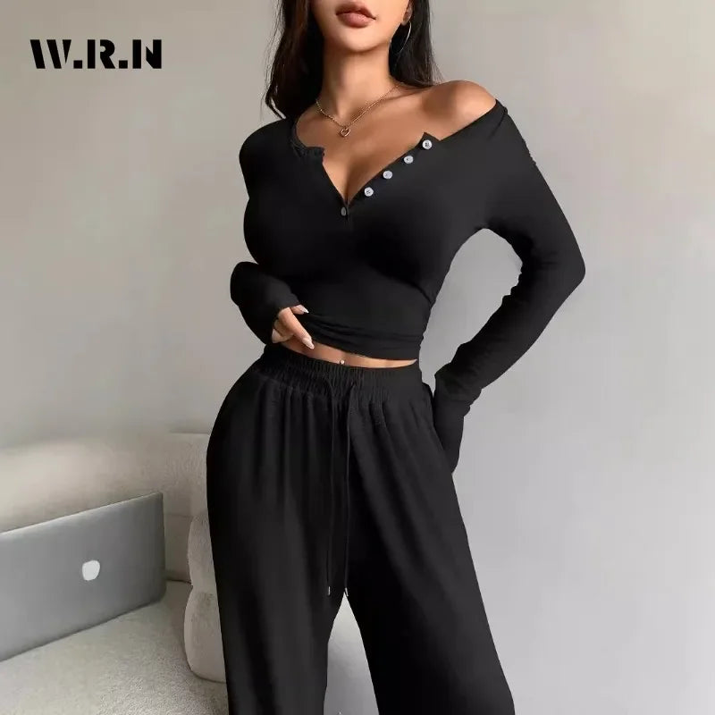 Women 2-Piece V-neck Pajama Set with Wide Leg Pants