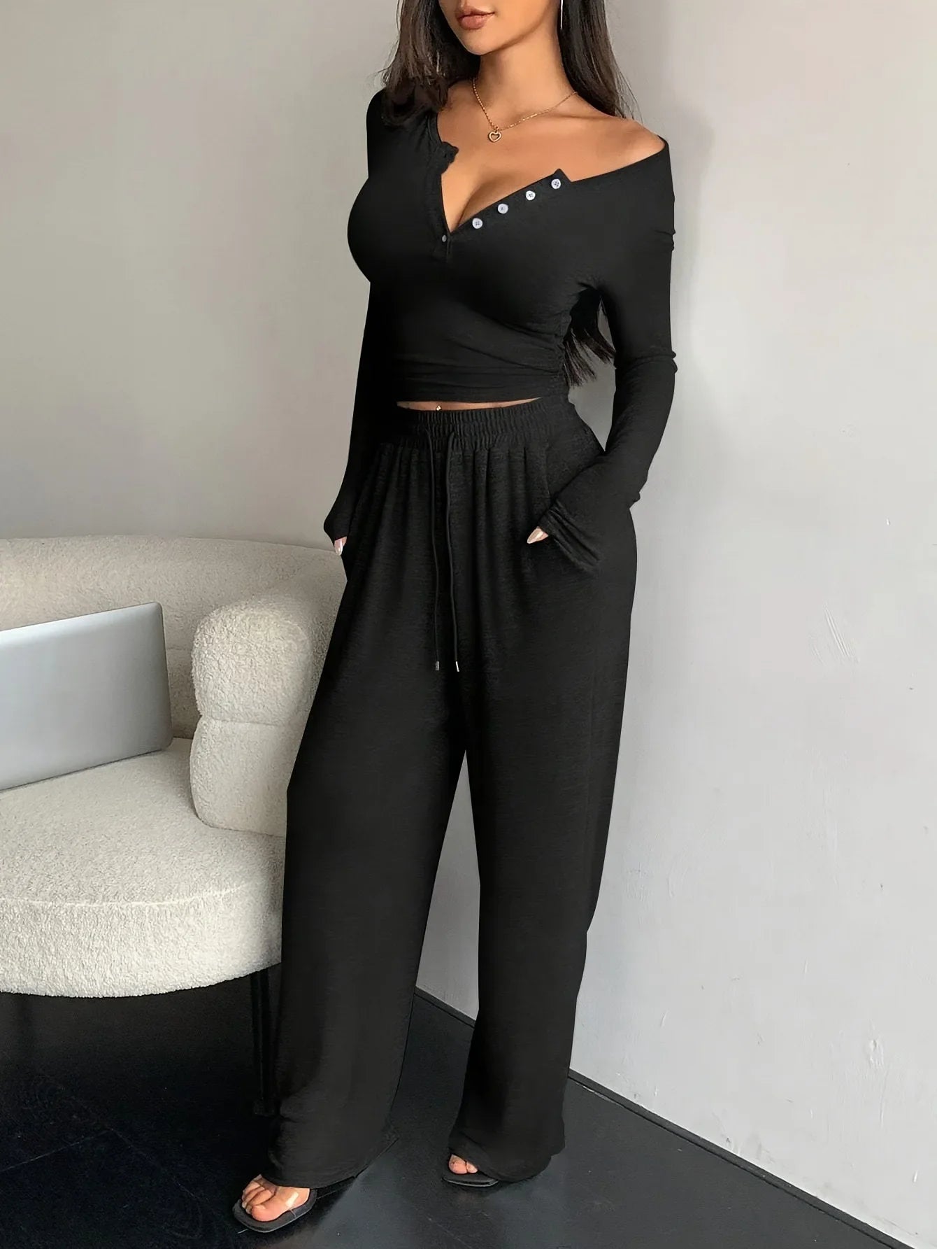 Women 2-Piece V-neck Pajama Set with Wide Leg Pants