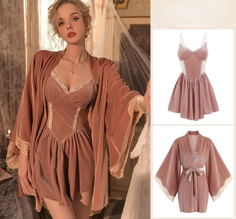 Women Lace Velvet Nightgown Robe Sleepwear Set