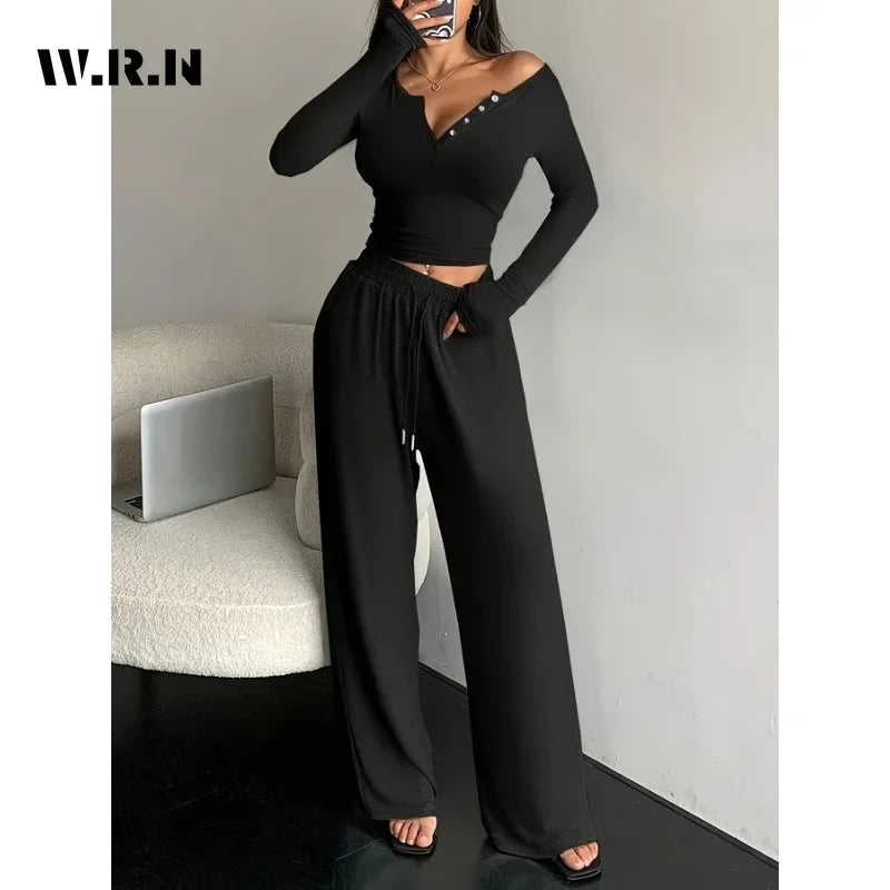 Women 2-Piece V-neck Pajama Set with Wide Leg Pants