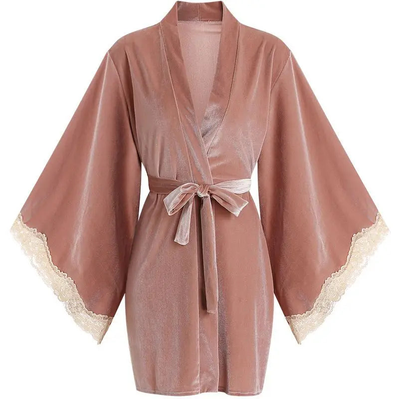 Women Lace Velvet Nightgown Robe Sleepwear Set