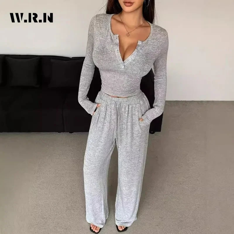 Women 2-Piece V-neck Pajama Set with Wide Leg Pants