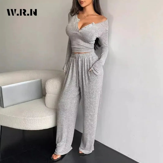 Women 2-Piece V-neck Pajama Set with Wide Leg Pants