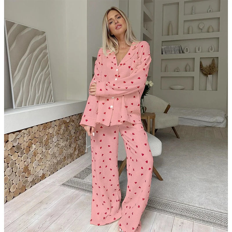 Summer Love Heart Print Cotton 2-Piece Pajama Set