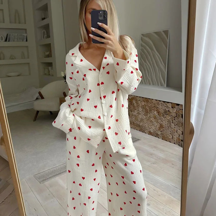 Summer Love Heart Print Cotton 2-Piece Pajama Set