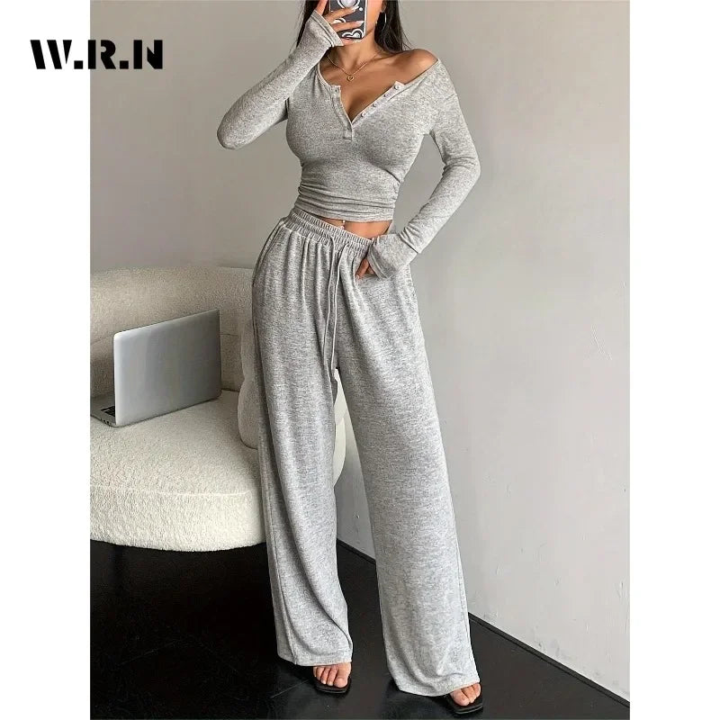 Women 2-Piece V-neck Pajama Set with Wide Leg Pants