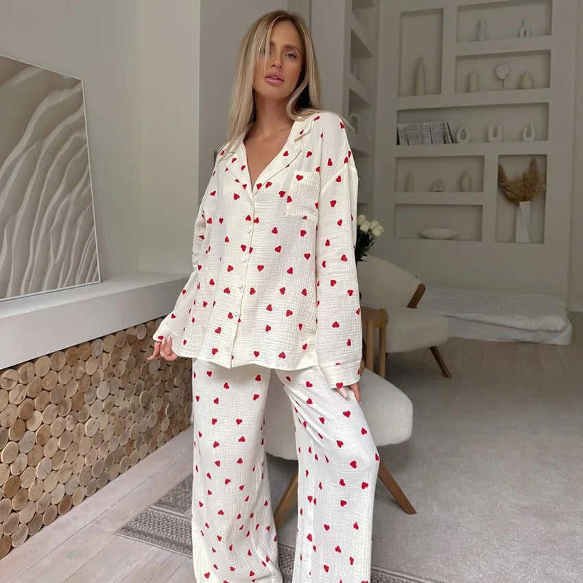 Summer Love Heart Print Cotton 2-Piece Pajama Set