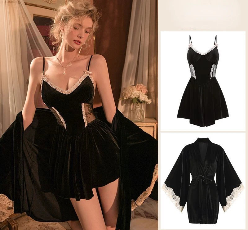 Women Lace Velvet Nightgown Robe Sleepwear Set