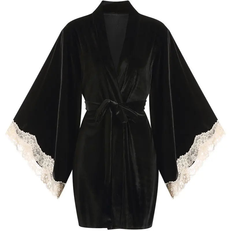 Women Lace Velvet Nightgown Robe Sleepwear Set