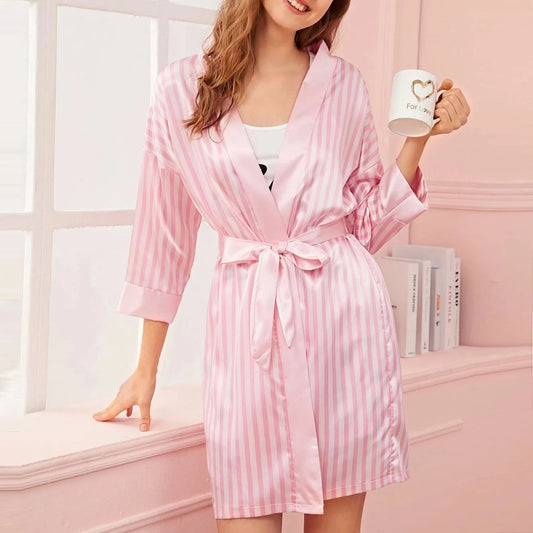 Women Satin Silk Sleepwear Striped  Lingerie Pajamas