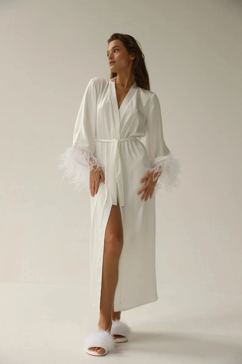 Bridal Robe with Feather Sleeves & Lace Long Gown