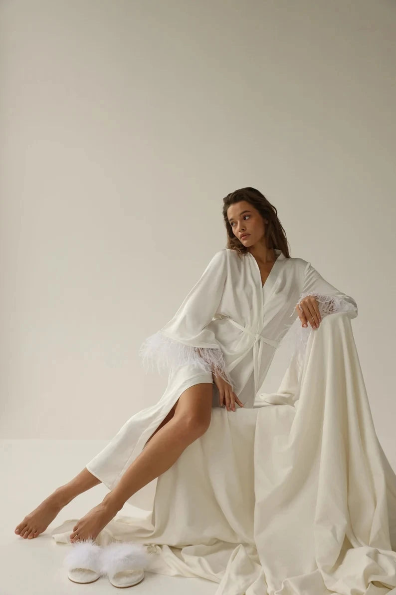 Bridal Robe with Feather Sleeves & Lace Long Gown